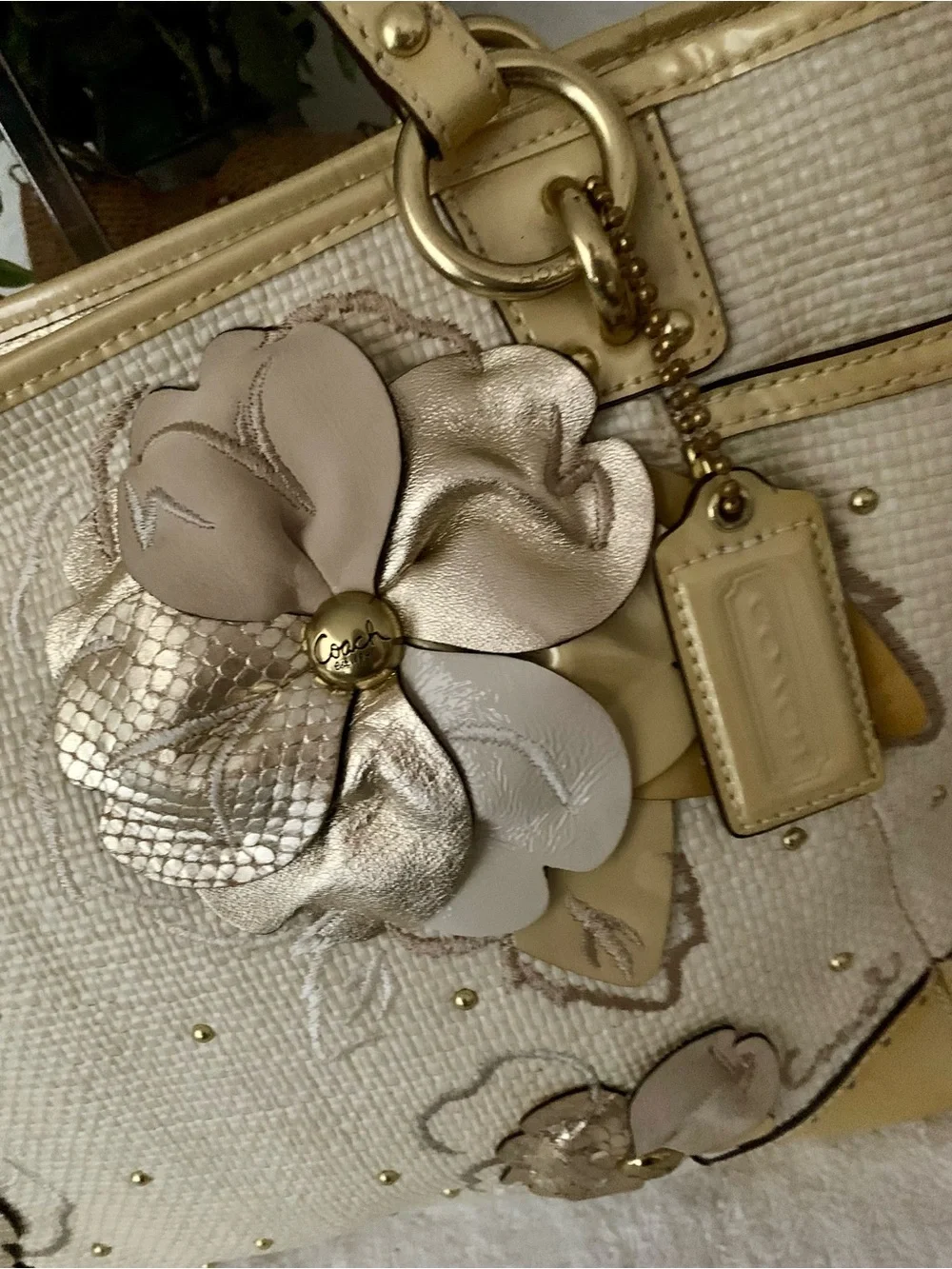 Coach Limited Edition Hampton Cream Tote with Gold Floral Appliqués